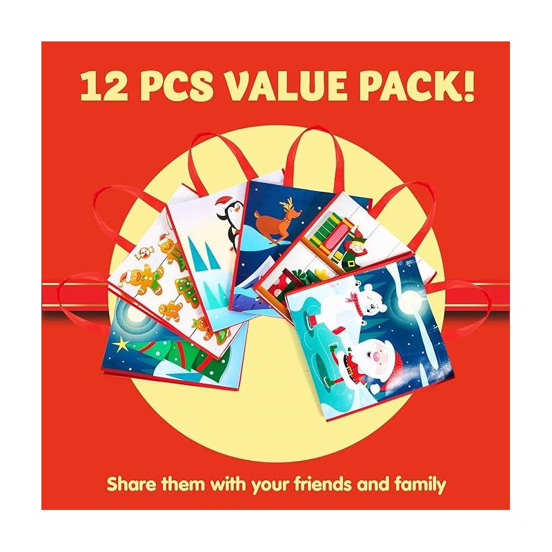 JOYIN 12 PCS 13.75" x 14" Christmas Large Tote Bags Holiday Reusable Grocery Bags for Classroom Party Favor Supplies, Xmas Party, 3 of 9