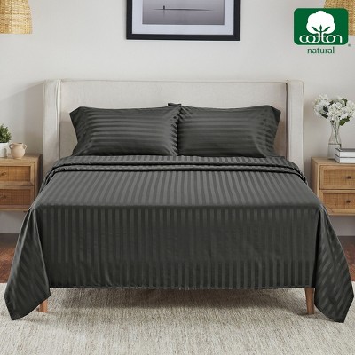 California King Dark Gray Cotton Sateen Striped Sheet Set