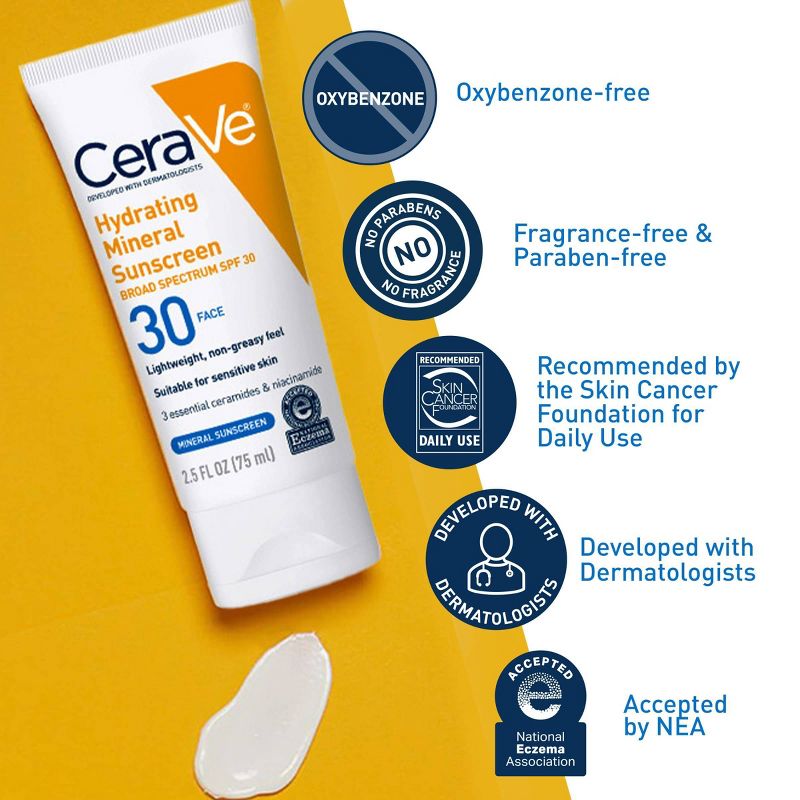CeraVe Hydrating Mineral Face Sunscreen Lotion &#8211; SPF 30 - 2.5oz, 4 of 19