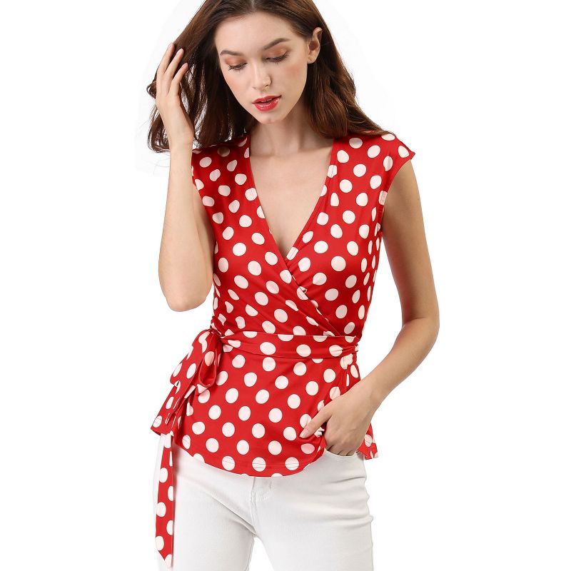 Allegra K Women's V Neck Sleeveless Self Tie Wrap Front Dotted Top, 1 of 8