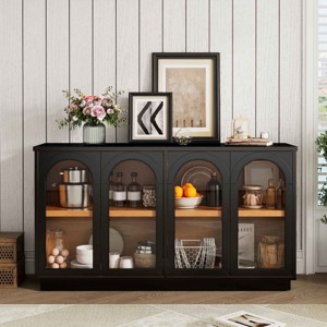 4-Door Buffet Cabinet with Arched Glass Doors, Cabinet with Adjustable Shelves, Cabinet with Wood Frame and MDF Panels-Coolbibila - 1 of 4