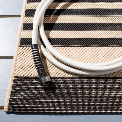 Black and Bone Striped Synthetic Outdoor Runner Rug