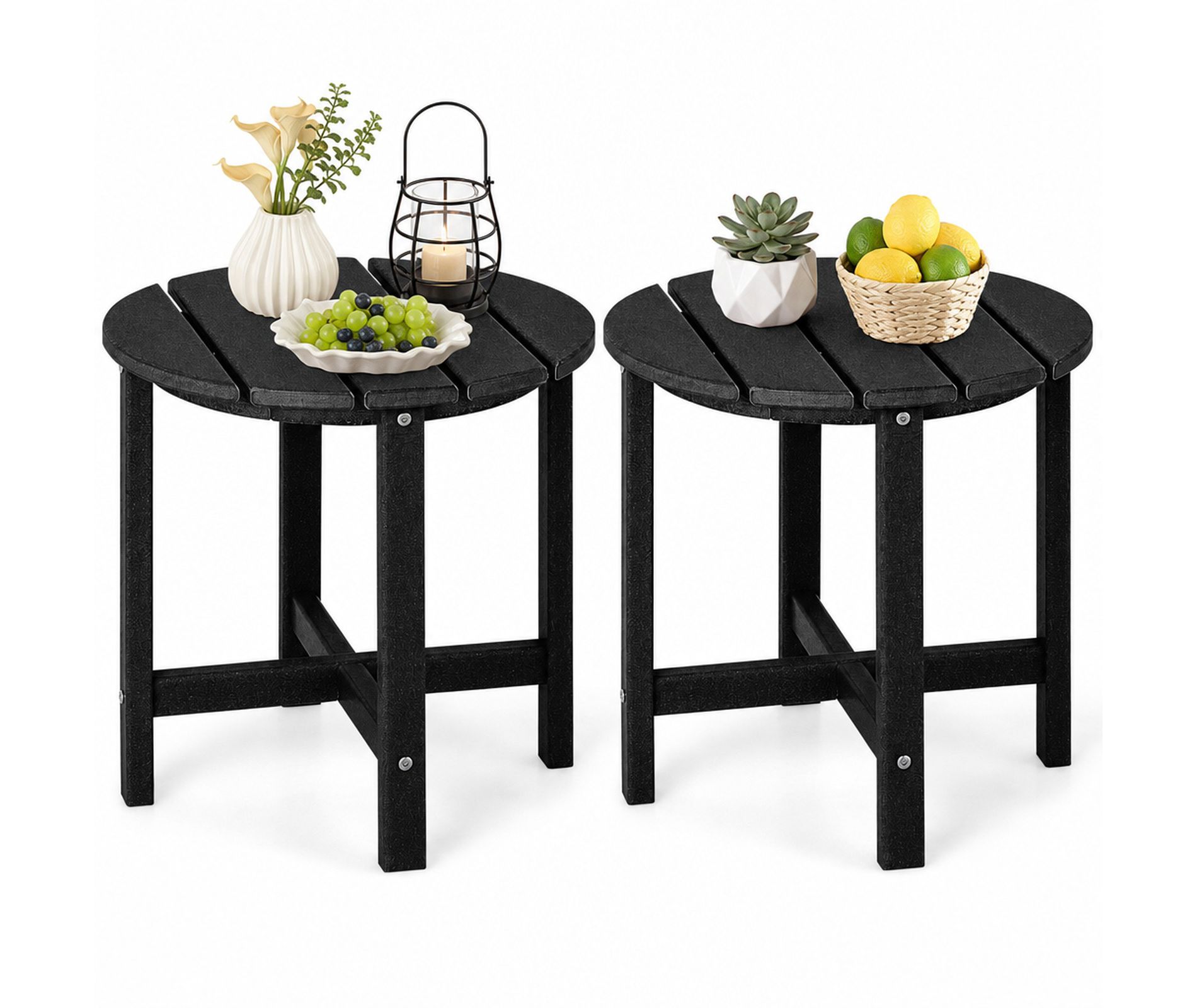 Set of 2 18-Inch Round HDPE Outdoor Patio Coffee Tables with Weather-Resistant Slatted Top, Black