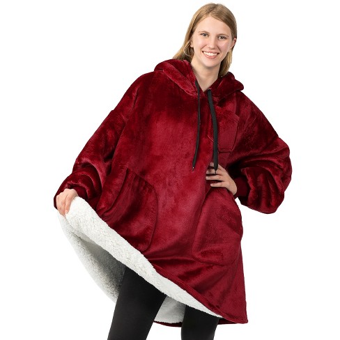 Pavilia Wearable Blanket Hoodie Adults Faux Shearling Cozy Oversized Hooded Sweatshirt Warm Fleece Two Pockets wine Red Adult Target