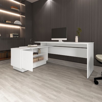 Vynxaria Weir L-Shaped Desk in Melamine, White