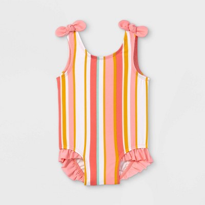 Baby Girls' Striped One Piece Swimsuit - Cat & Jack™ Coral 0-3M