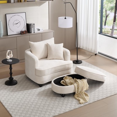 Chenille Accent Chair with Storage Ottoman, Upholstered Armchair Reaging Chair Barrel Chair - ModernLuxe