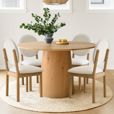 5-Piece Round Dining Table Set, 46'' Oak Pedestal Table with 4 Boucle Upholstered Oval Back Chairs, Mid-Century Modern Dining Room Set-Maison Boucle‎