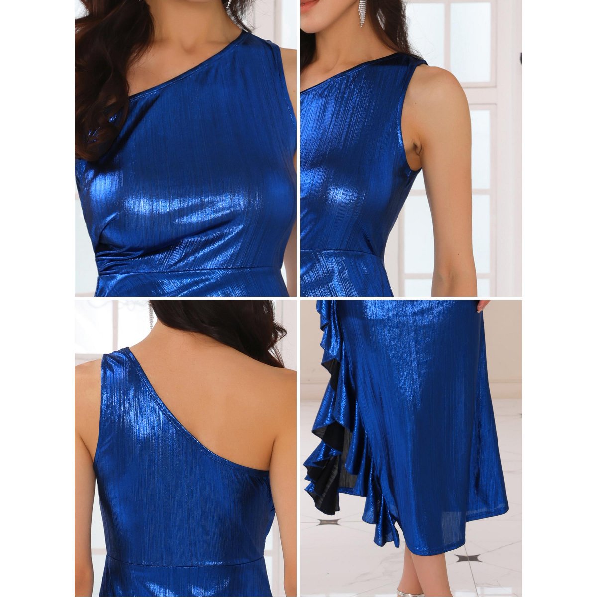 Женские платья INSPIRE CHIC Women's One Shoulder Sparkly Ruched Ruffle Bodycon Cocktail Maxi Dress Blue XX-Large — фото 5