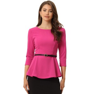 INSPIRE CHIC Women's 3/4 Sleeve Belted Elegant Business Work Peplum Top - 1 of 4