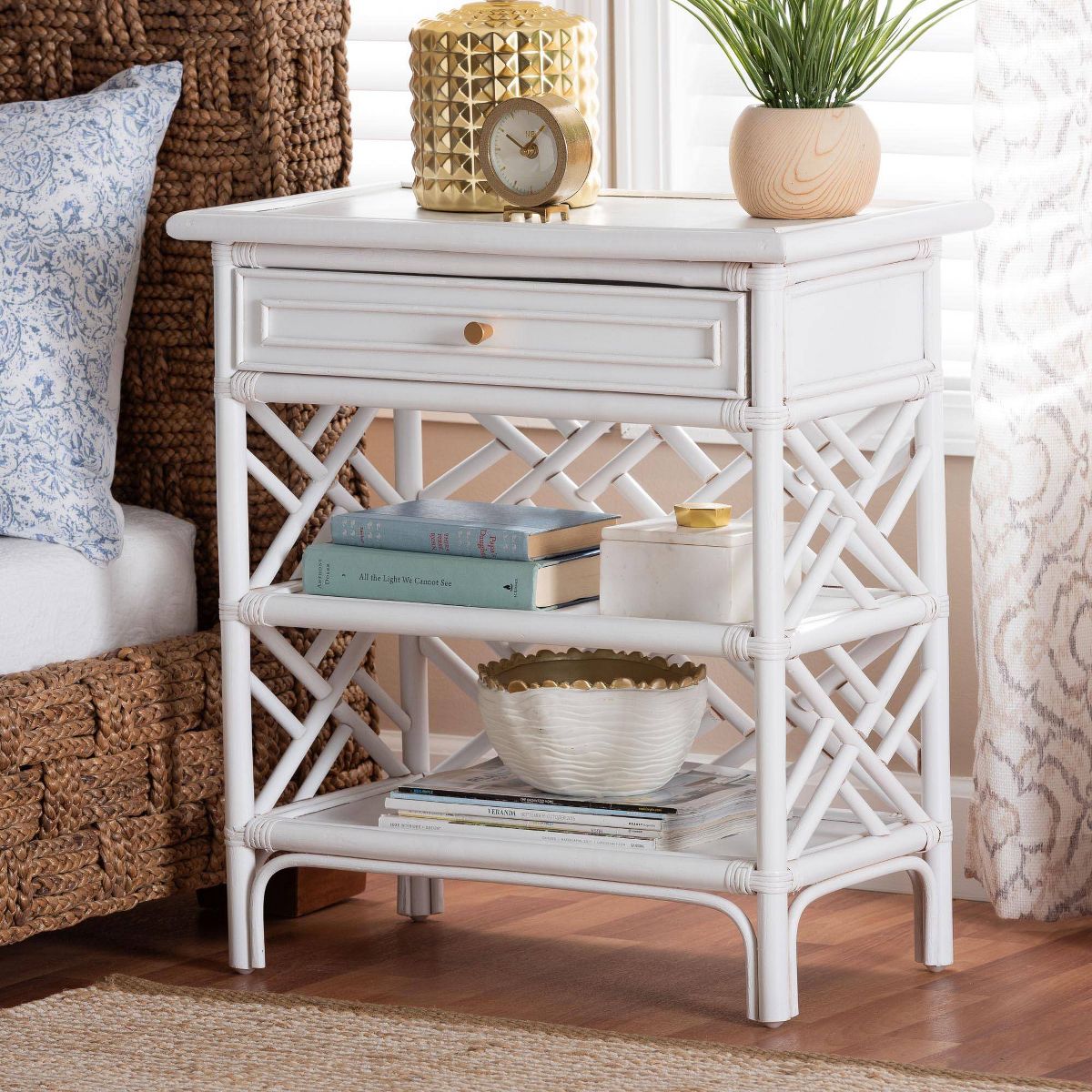 bali & pari Tiaret Natural Rattan Nightstand with Drawer and Shelves White - thumbnail 7