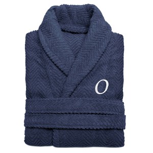 Linum Home Textiles 100% Turkish Cotton Unisex Personalized Herringbone Midnight Blue Bathrobe in White Chancery Font - 1 of 2