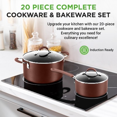 NutriChef 20-Piece Brown Non-Stick Aluminum Cookware Set