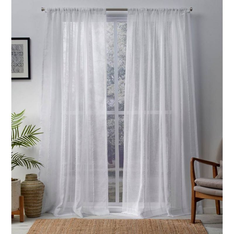 Exclusive Home Santos Embellished Stripe Textured Linen Sheer Rod Pocket Window Curtain Panel Pair, 1 of 8