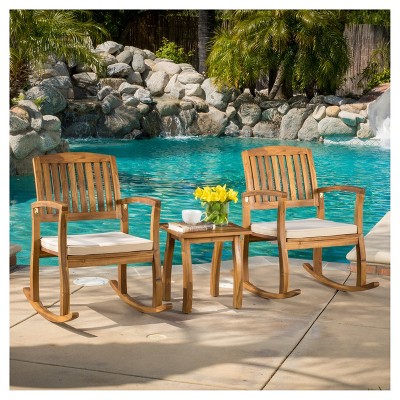 Selma 3pc Acacia Wood Rocking Chair w/ Cushion & Acacia Side Table - Teak - Christopher Knight Home