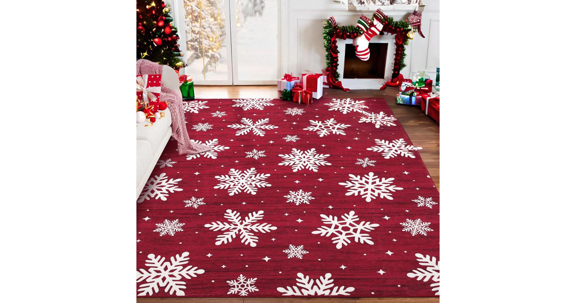 Christmas Area Rug Xmas Snowflake Machine Washable Indoor Carpet Rug, 5'x7'