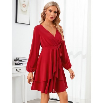 Women's Dress Deep V-Neck Long Sleeve Waist Tie Ruffle Mini Swing Skater Dresses