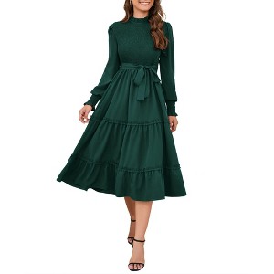 BLUEMING Womens Long Sleeve A-Line Dress High Wasit Ruffle Tiered Dress Shirred Smocked Flowy Maxi Dress - 1 of 4