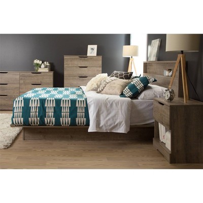 Weathered Oak Full Platform Bed with Upholstered Headboard and Drawer