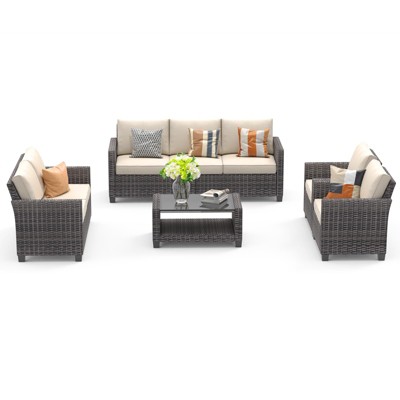 homfan 5-Piece Patio Furniture Sets PE Wicker Rattan Sofa Set with Coffee Table, Durable and Stylish Outdoor Patio Conversation Sets