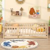 Safstar Twin Size Floor Bed w/High Fence & Door Safety Guardrails Wood Floor Bed Frame - 4 of 4