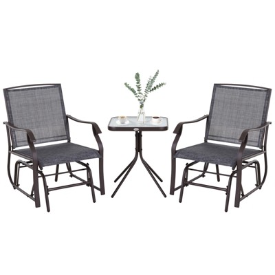 Gray and Brown Metal Outdoor Rocking Chair Set with Glass Table