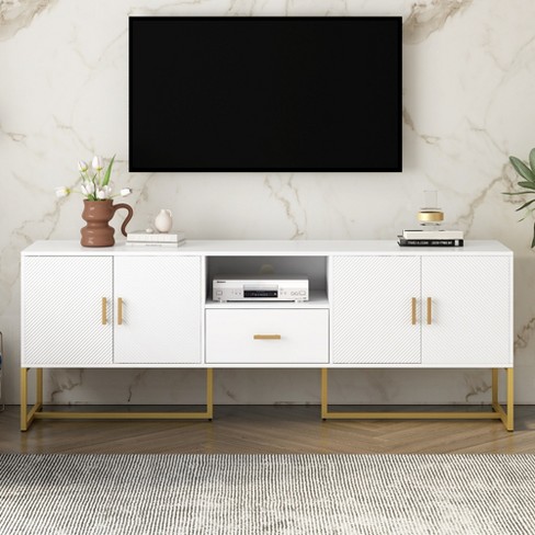 69"W TV Stand TV Console Entertainment Center Media Console with 1 Drawer, 2 Cabinets, and Anti-tip Device for TVs Up to 70", White/Black-ModernLuxe - image 1 of 4