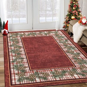 Christmas Area Rug Washbale Rug Plaid Rug with Pinecorn Xmas Rug - 1 of 4