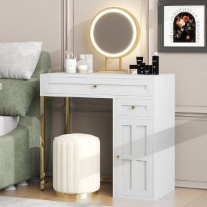 31.5'' Makeup Vanity Desk with Lighted Mirror, Luxury Dressing Table with 2 Drawers and 1 Cabinet, 3 Lighting Modes Available, White-Gold - 1 of 4