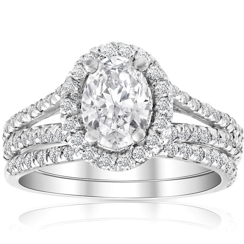 Pompeii3 1.75Ct Diamond & Oval Moissanite Engagement Wedding Ring Set 14k White Gold, 1 of 5