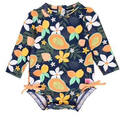 Image of RuffleButts Baby/Toddler Girls Long Sleeve UPF50+ One Piece Rash Guard - Into the Tropics, 3-6m