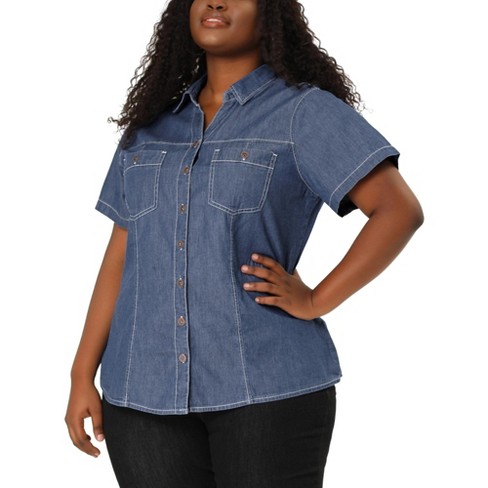 Agnes Plus Size Jeans Shirt For Women Short Sleeve Chest Pocket Button Down Denim Shirts : Target