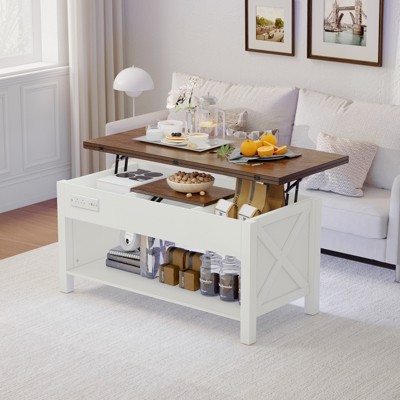 Buenhomino Lift Top Coffee Table with Storage for Living Room, Farmhouse Rectangular Coffee Tables with Hidden Compartment，White