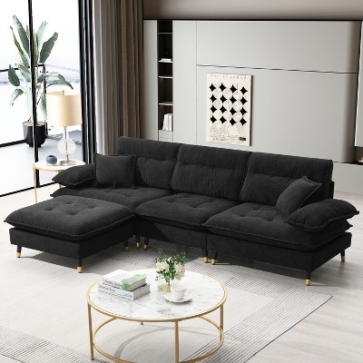 106"W L-Shaped Sectional Sofa, 4 Seat Cloud Chenille Fabric Tufted Couch Set with Two-Tone Adjustable Legs and Movable Ottoman - ModernLuxe