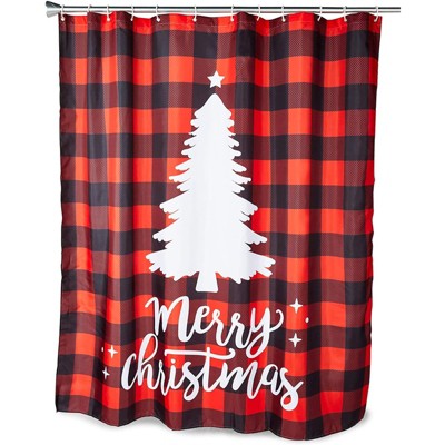 Juvale Red Buffalo Plaid Merry Christmas Tree Bath Shower Curtain Set Polyester with 12 Hooks for Bathroom Decor 70"x71"