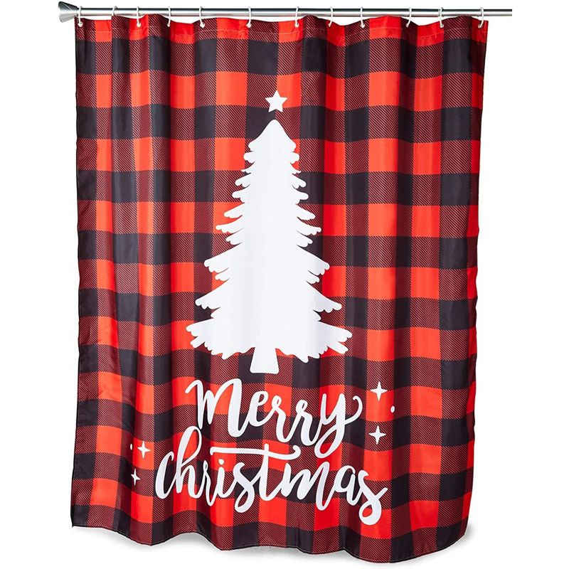 Juvale Red Buffalo Plaid Merry Christmas Tree Bath Shower Curtain Set Polyester with 12 Hooks for Bathroom Decor 70"x71", 1 of 10
