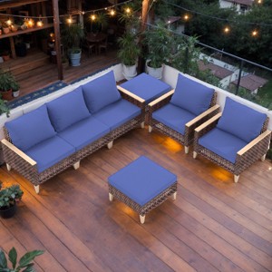 Outdoor Patio Sofa Set, 7 Pcs Sofa Set with Multifunctional Footstool, Rattan Sofa with Wooden Armrests and Removable PE Cushions-Coolbibila - 1 of 4