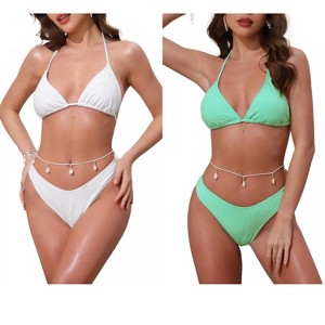 INSPIRE CHIC Women's Waffle Knit Halter Top Triangle Bottom with Seashell Waist Rope Bikini Suits 2 Sets - 1 of 4