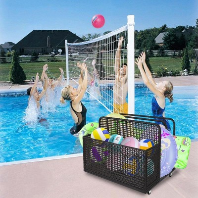 Double Layer Poolside Float Storage - PE Rattan Outdoor Caddy with Rolling Wheels - Sturdy Dark Black Patio Deck Box for Pool and Beach
