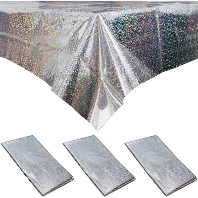 Sparkle and Bash 3-Pack Holographic Plastic Party Tablecloths, Silver Shiny Disposable Table Covers, 54"x108"