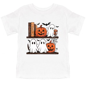 Halloween Bookshelf Ghosts - Youth Short Sleeve Graphic T-Shirt and Toddler Short Sleeve Graphic T-Shirt - 1 of 3