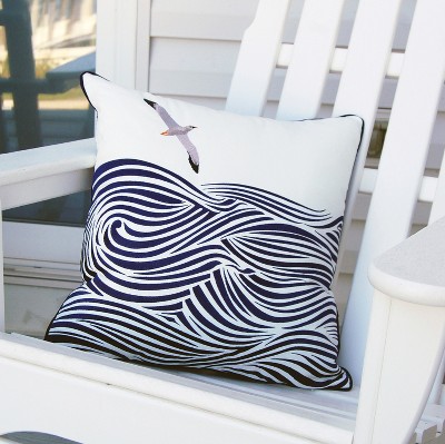 Navy and White Embroidered Square Outdoor Pillow
