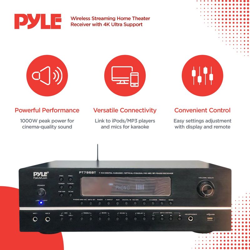 Pyle 7.1-Ch Hi-Fi Bluetooth Amplifier Home Audio - 2000 Watt AV Receiver Speaker Subwoofer Surround Sound Receiver with Radio, USB, RCA, HDMI, MIC IN, 2 of 7