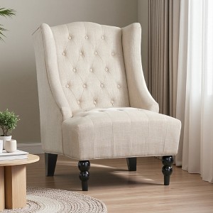 Upholstered Wingback Chair with Turned Birch Legs and Button-Tufted Design - 1 of 4