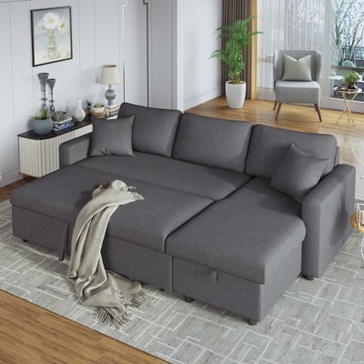 VYNXARIA Upholstery Sleeper Sectional Sofa Grey with Storage Space, 2 Tossing Cushions