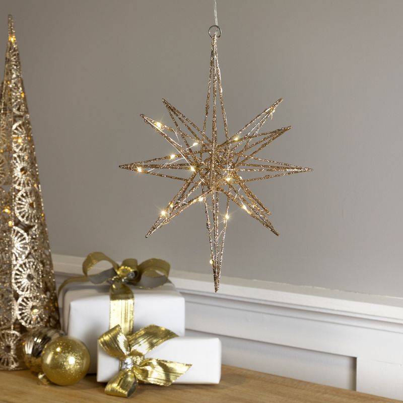 Northlight 12" LED Lighted Gold Glittered Geometric Star Christmas Decoration, Warm White Lights, 2 of 6