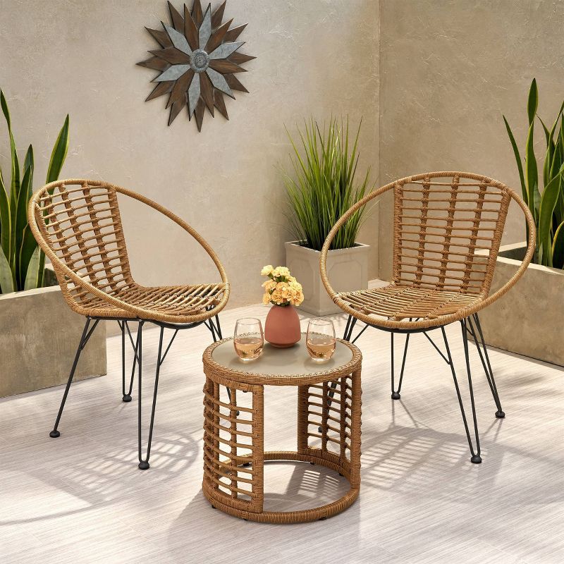Perkins 3pc Wicker Modern Boho Chat Set - Light Brown - Christopher Knight Home, 1 of 11