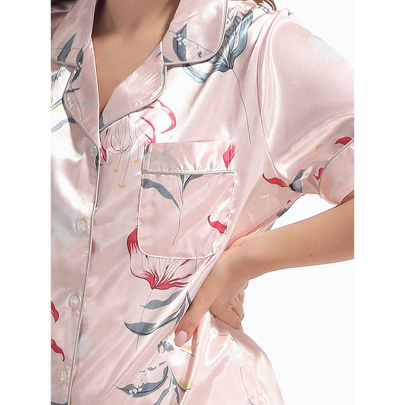 cheibear Women's Floral Button Down Shirt Shorts Satin Pajama Set 2 Pcs, 5 of 6