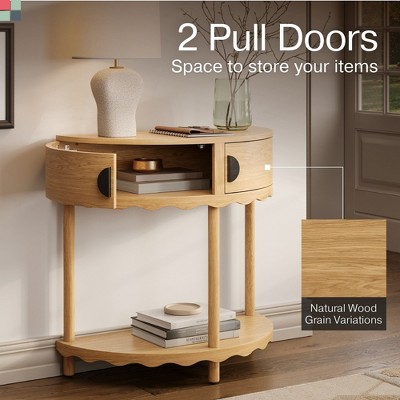 Natural Oak Half Moon Console Table with Storage