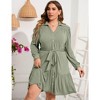 Women's Plus Size Long Sleeve Dress V Neck Button Front Belted Shirt Dress A Line Ruffle Midi Dress - 4 of 4
